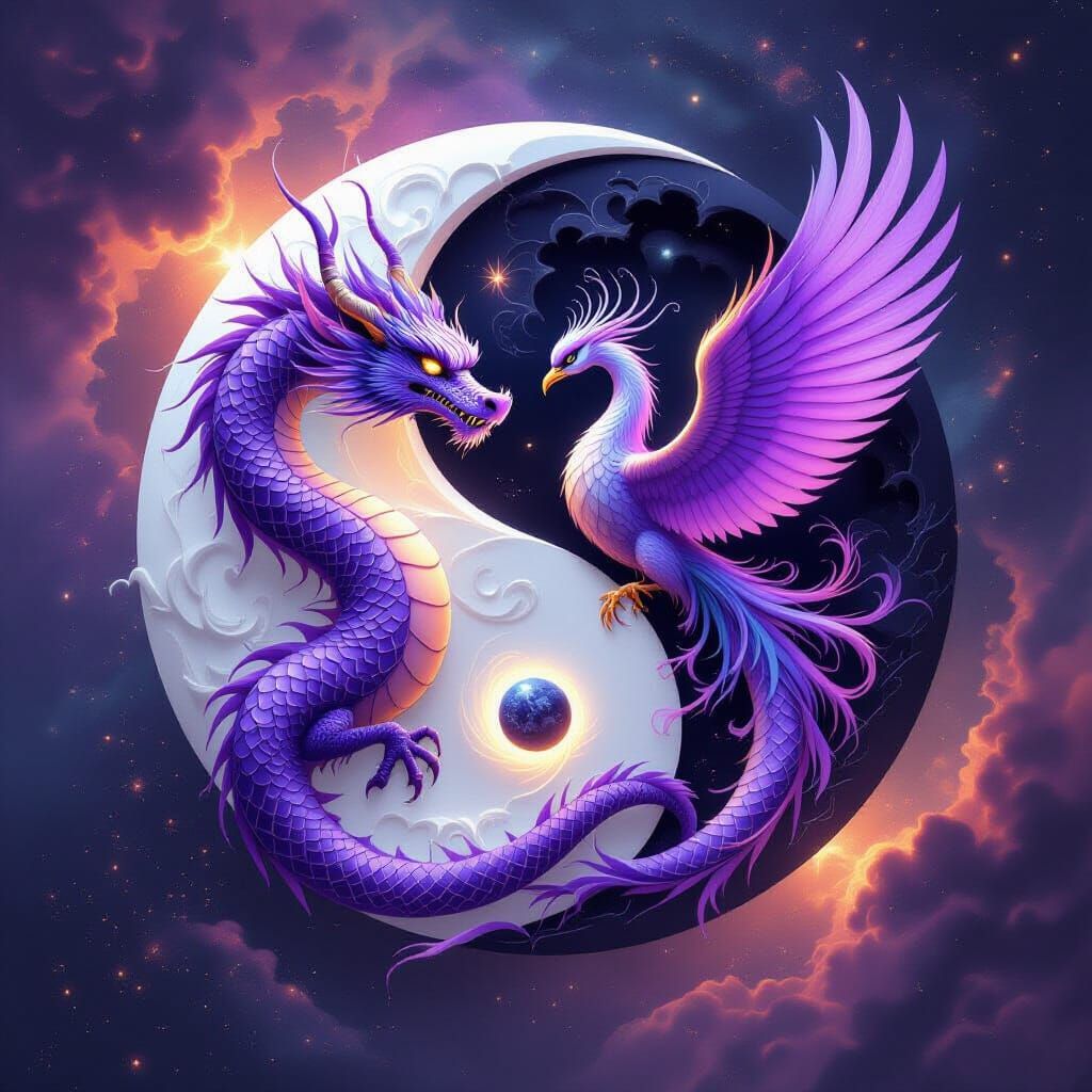 Yin Yang Dragon Phoenix Cosmic Digital Art