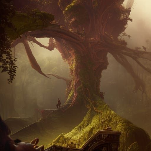 Ornate Clock Tower Forest, Digital Art