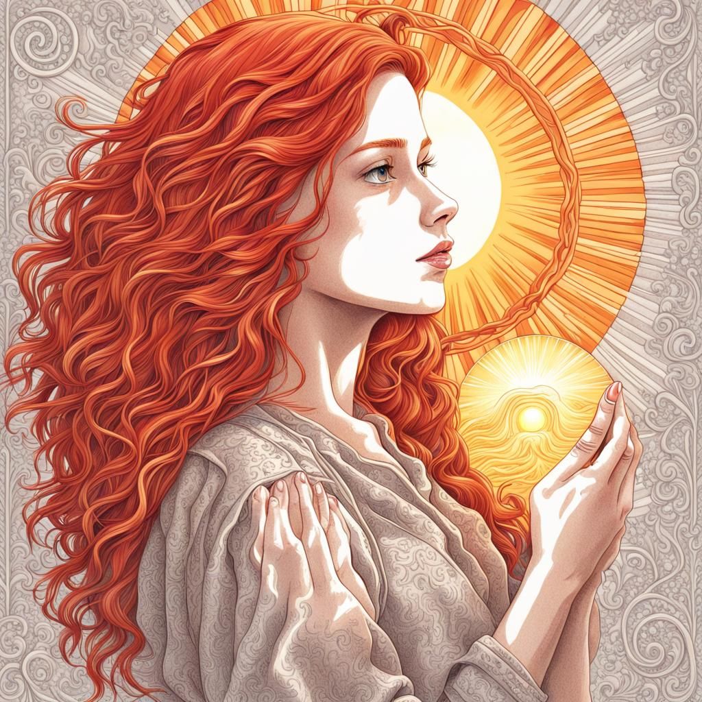 Girl with Red Hair Holds Blazing Sun