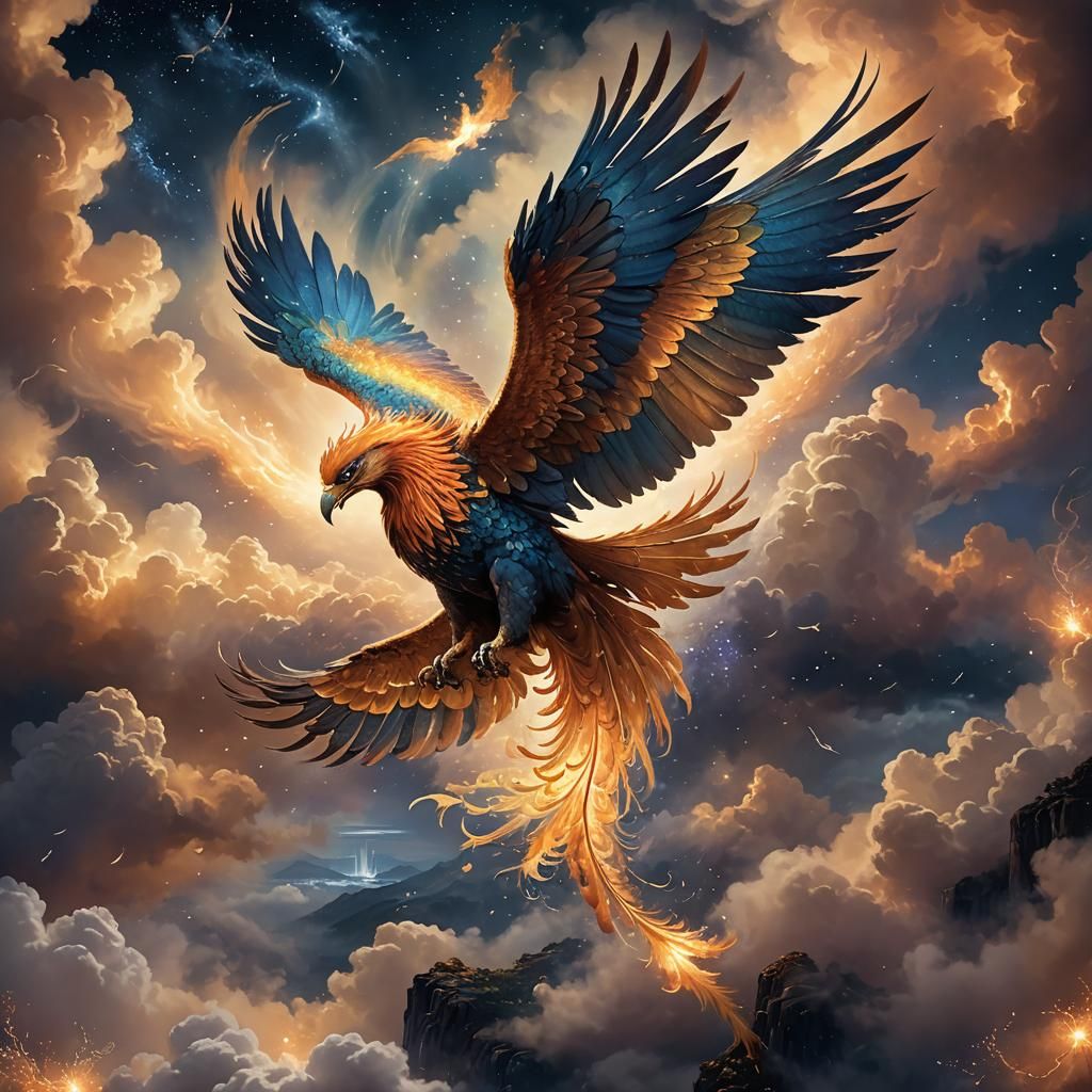 Majestic Phoenix Soaring Through Misty Night Sky