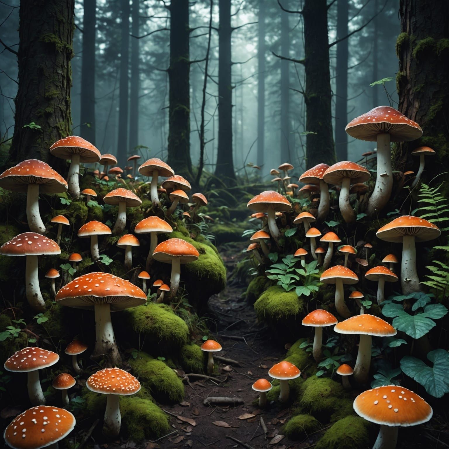 Eerie Enchanted Forest with Colorful Mushrooms