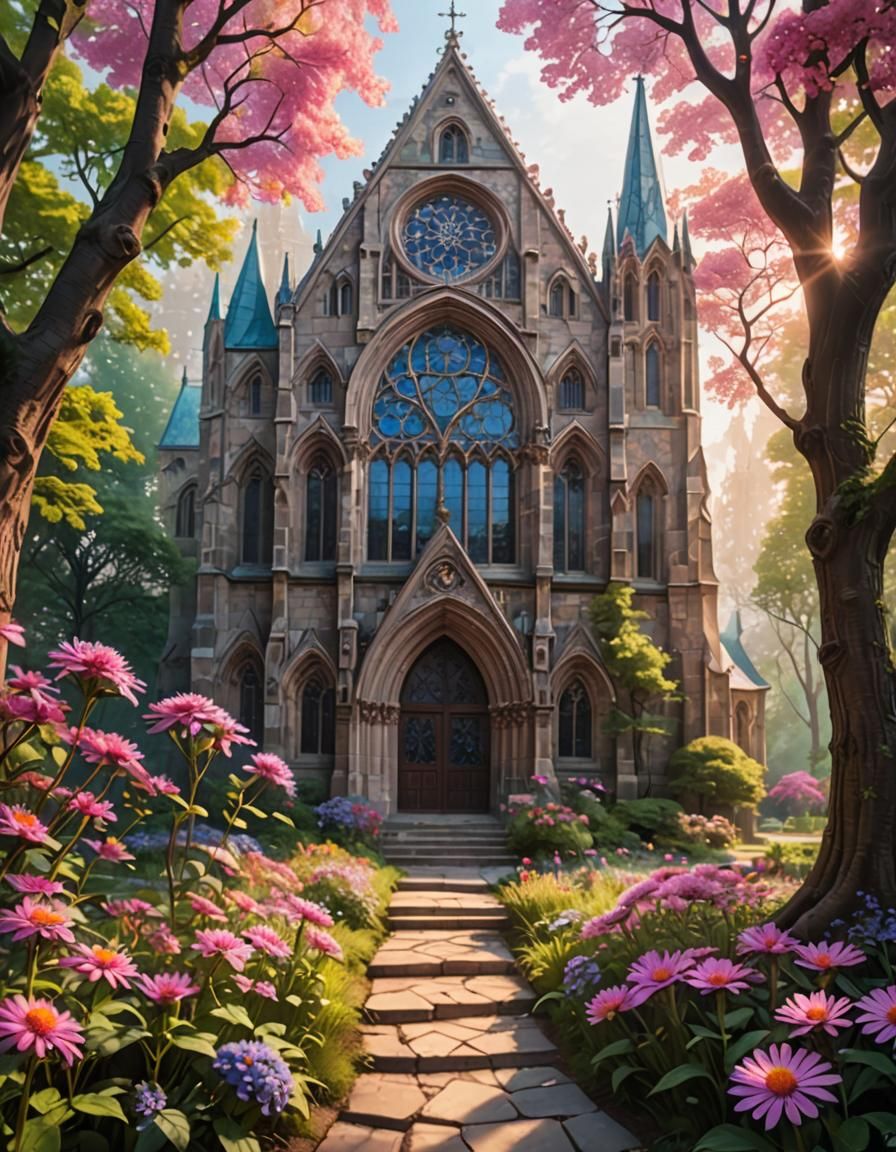 Fantasy Cathedral with Stained Glass in Watercolor Style