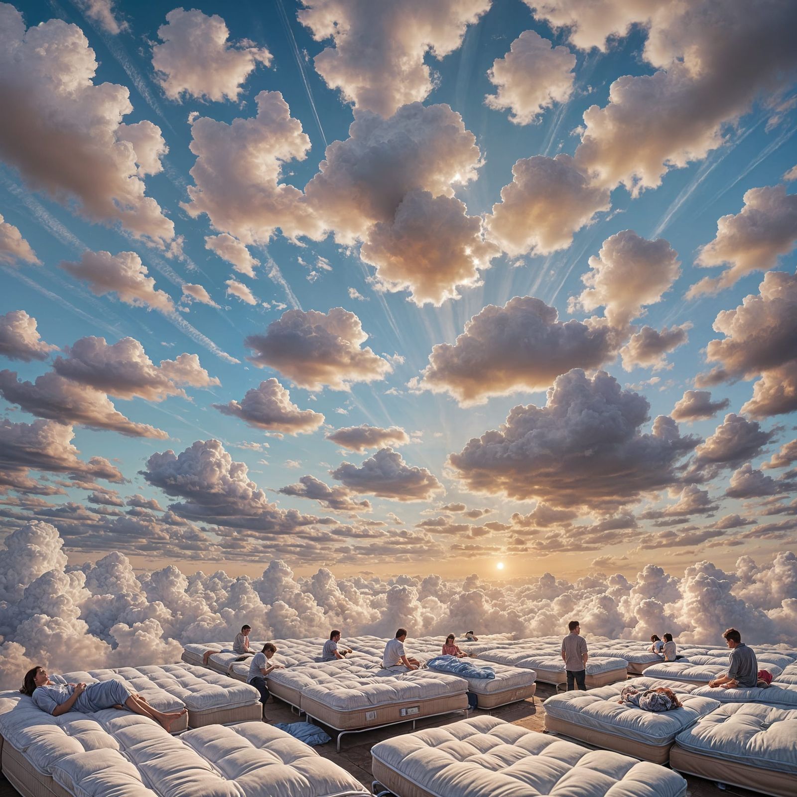 Mattresses Float in Sky with Sleeping People