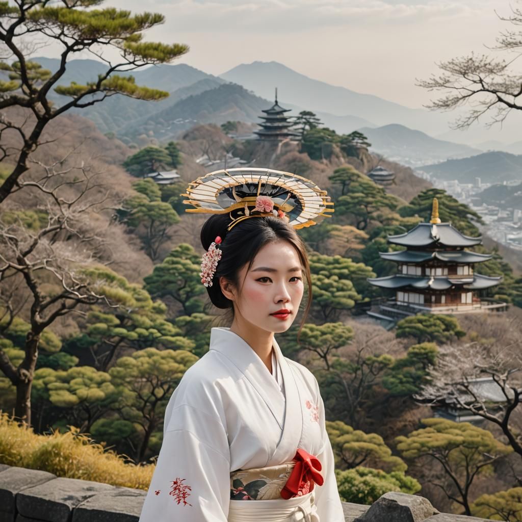Woman in White Kimono at Hillside Temple