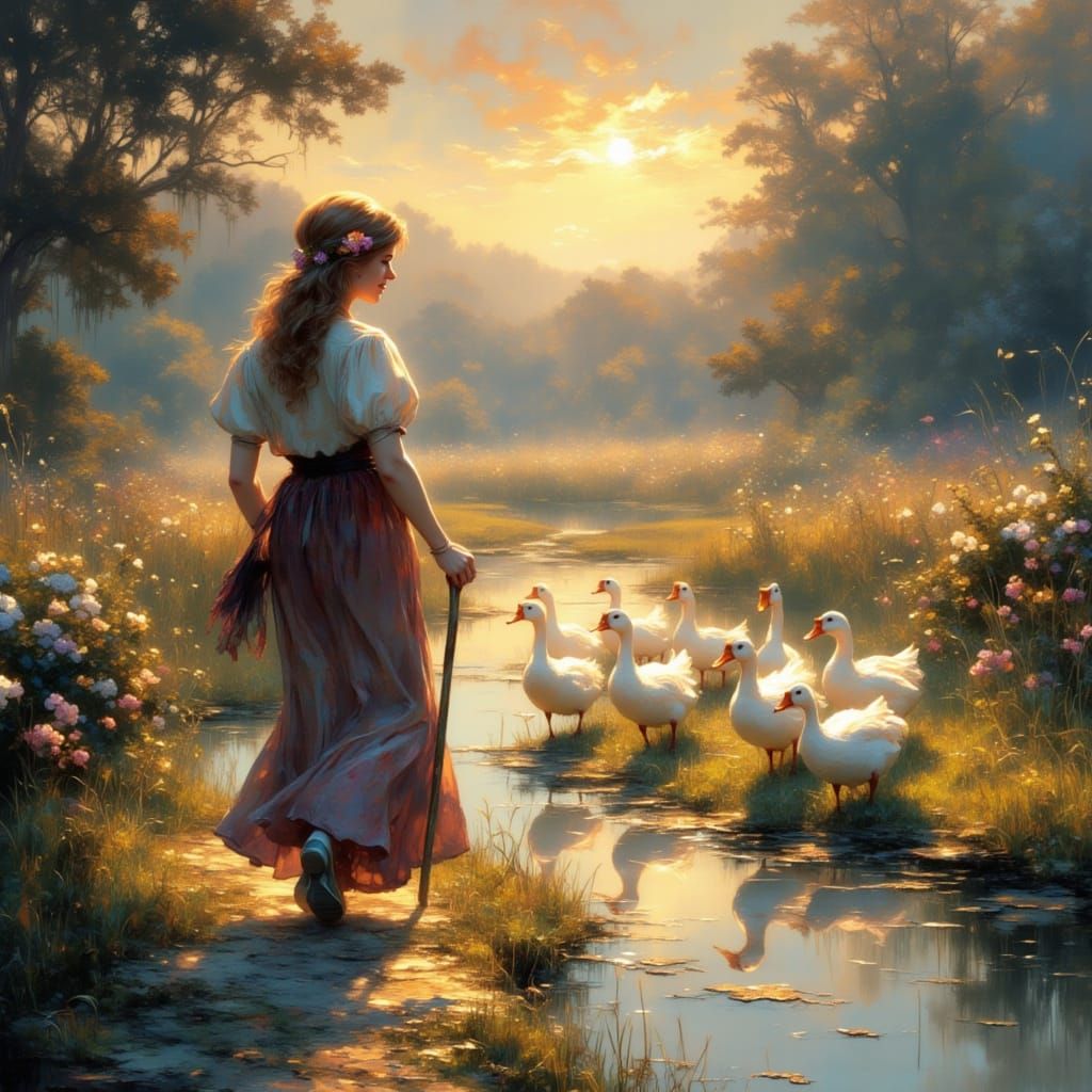 Ethereal Woman Strolls with Gentle White Ducks in Dawn Lands...