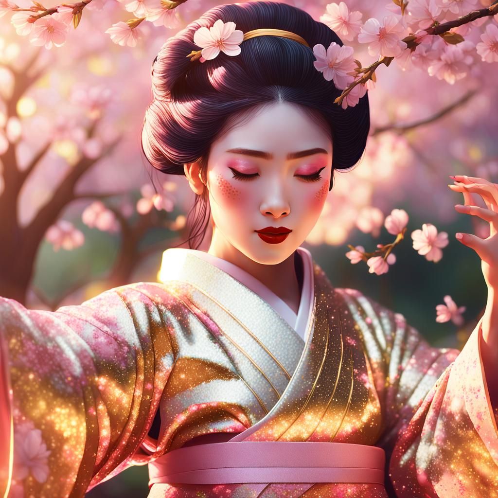 Geisha Dancing in Cherry Blossom Garden, Digital Art