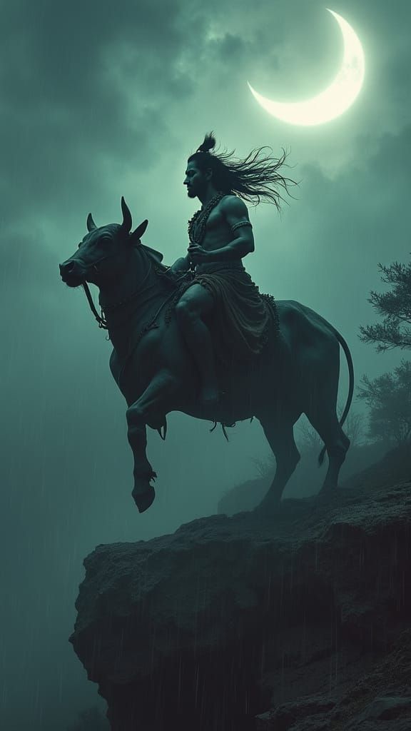 Lord Shiva on Nandi Amidst Monsoon Storm