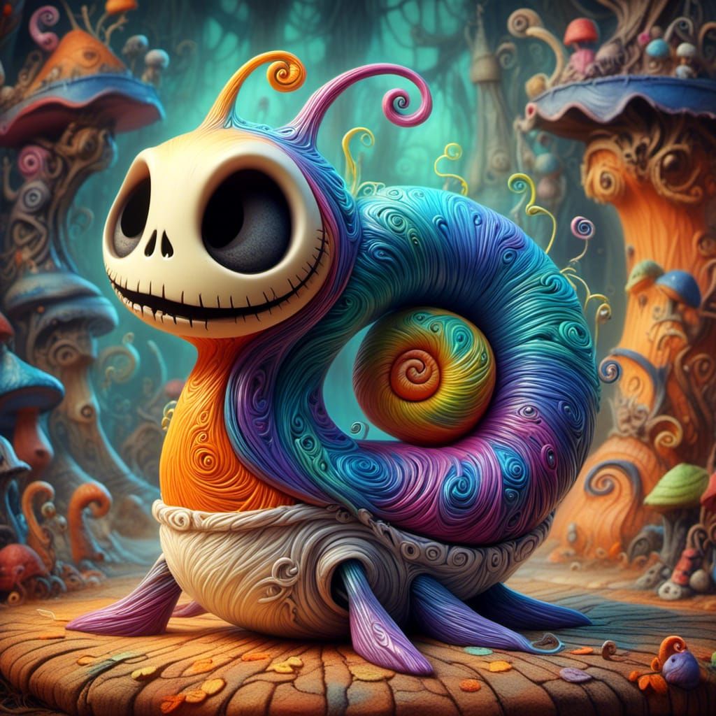 Whimsical Snail-Horse Jack Skellington Hybrid in Dream Cave