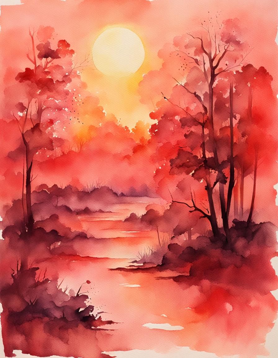 Pale Red Watercolor Sunset on Paper
