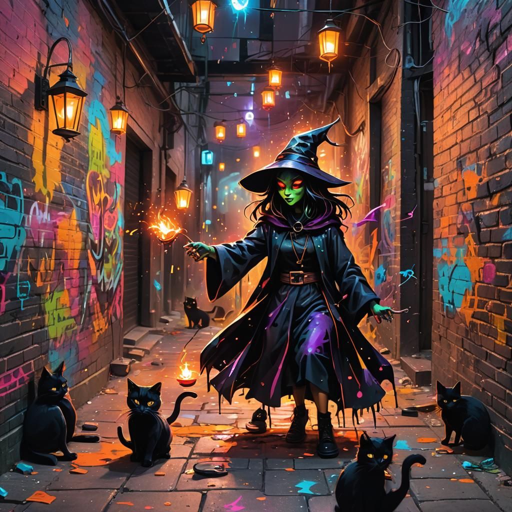 Witch Performing Spells in Graffiti Art Style