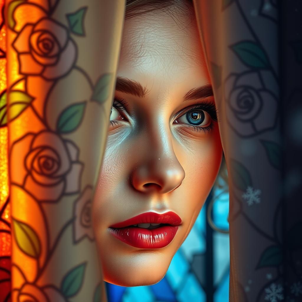 Woman with Roses and Stained Glass Reflection