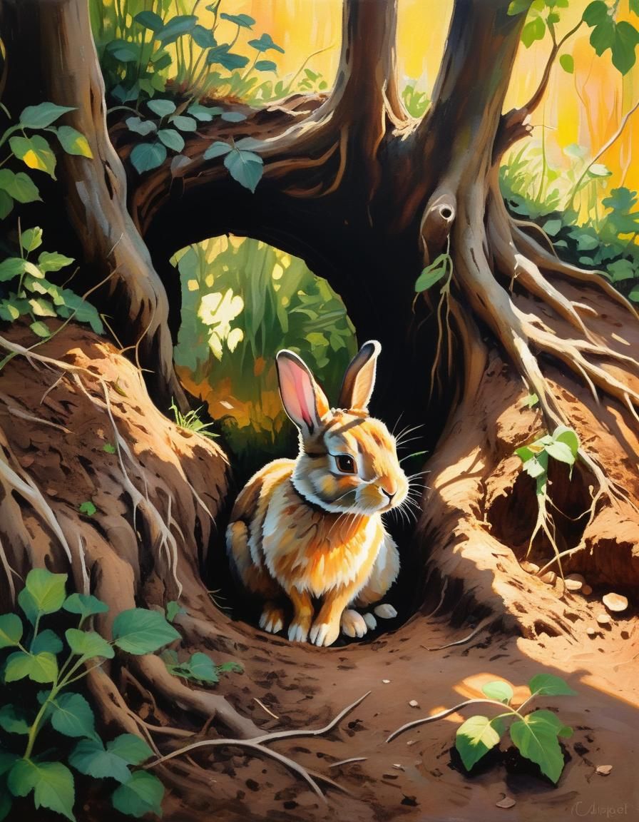 A Rabbit sitting in a hole in the ground, surrounded by tree...