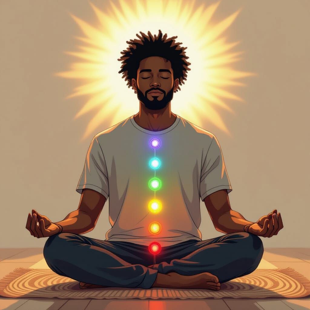 Meditating Black Man Visualizes Seven Chakras in Spiritual A...