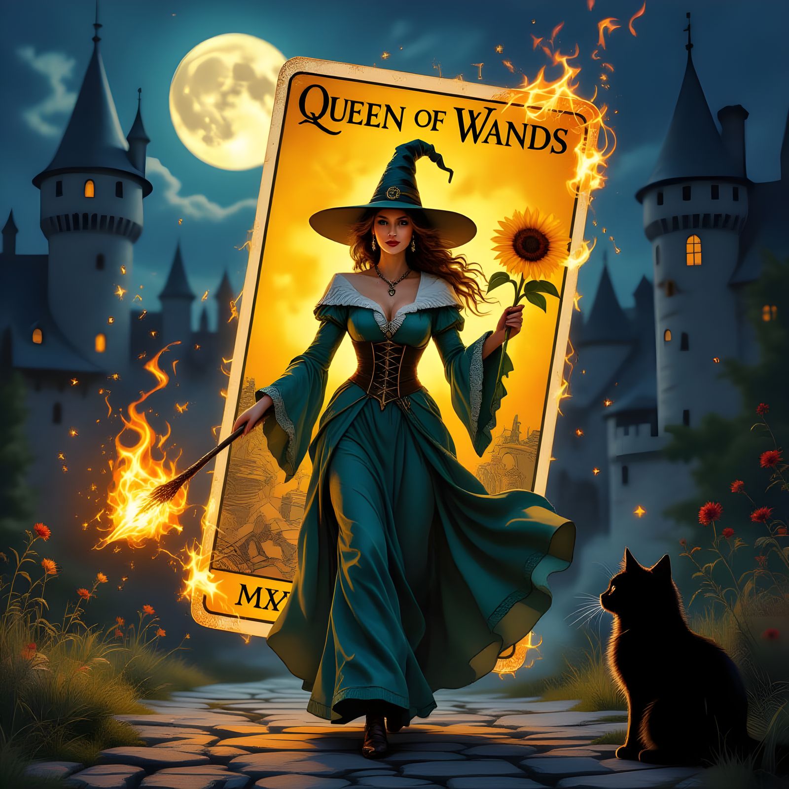 Queen of Wands Emerges from Tarot Card in Castle Scene