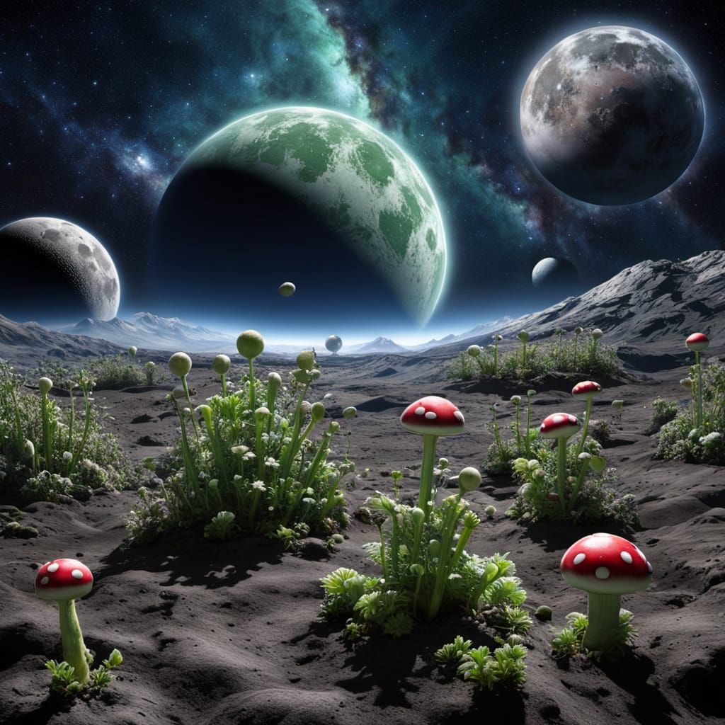 Hyperrealistic Piranha Plant Garden on the Moon