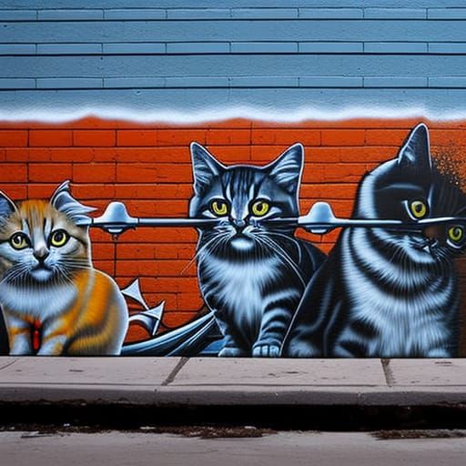 Happy Chaos Kittens Playing in Alley: Graffiti Art