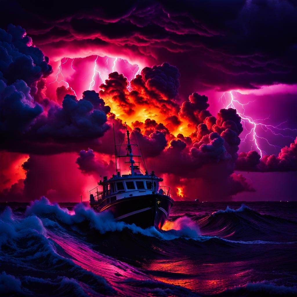 Dramatic Neon Thunderstorm Over Ocean