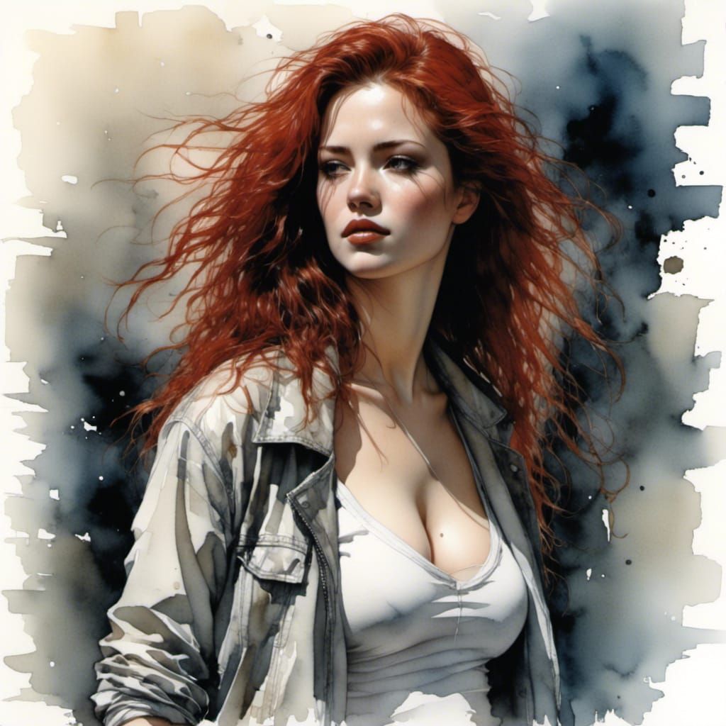 Beautiful Woman with Red Hair in Chiaroscuro Comic Style