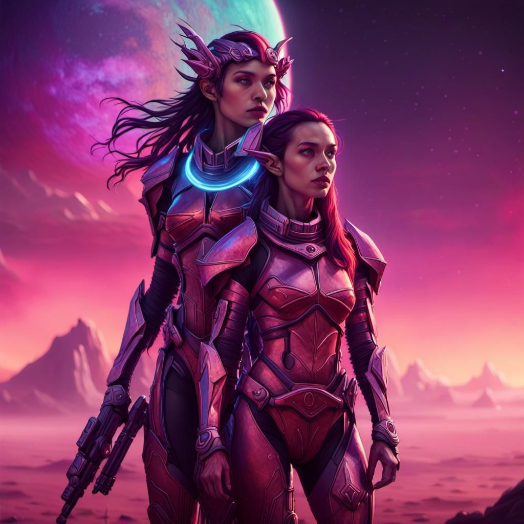 Exotic Elf Adventurers on Alien Planet in Sci-Fi Art