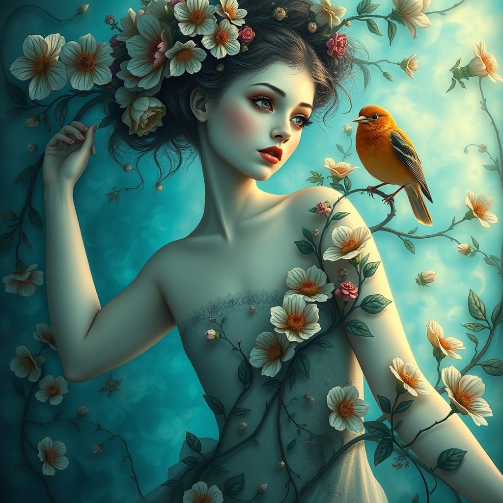 Surreal Dancing Woman with Flowers and Turquoise Light