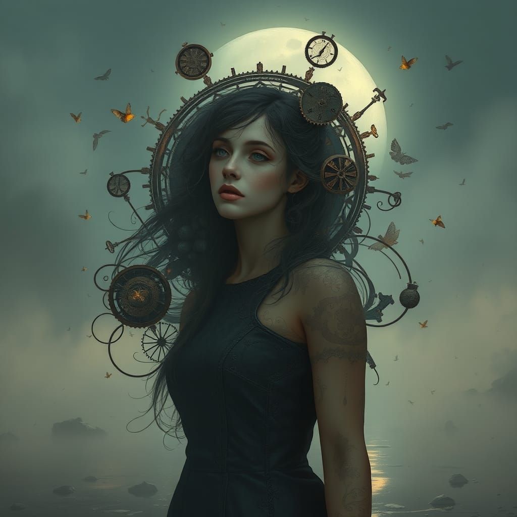 Nostalgic Woman at Misty Lake in Dystopian Style