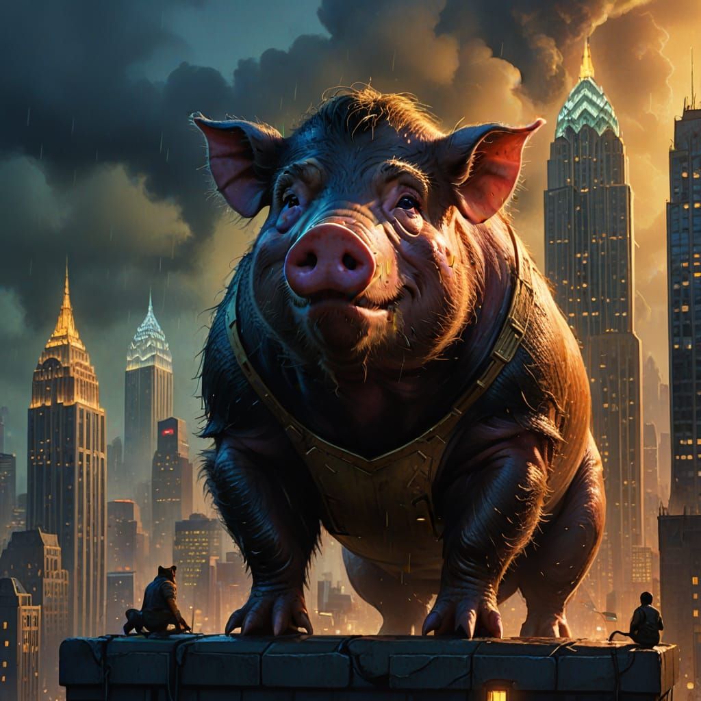King Pig on Skyscraper: Humorous Digital Concept Art
