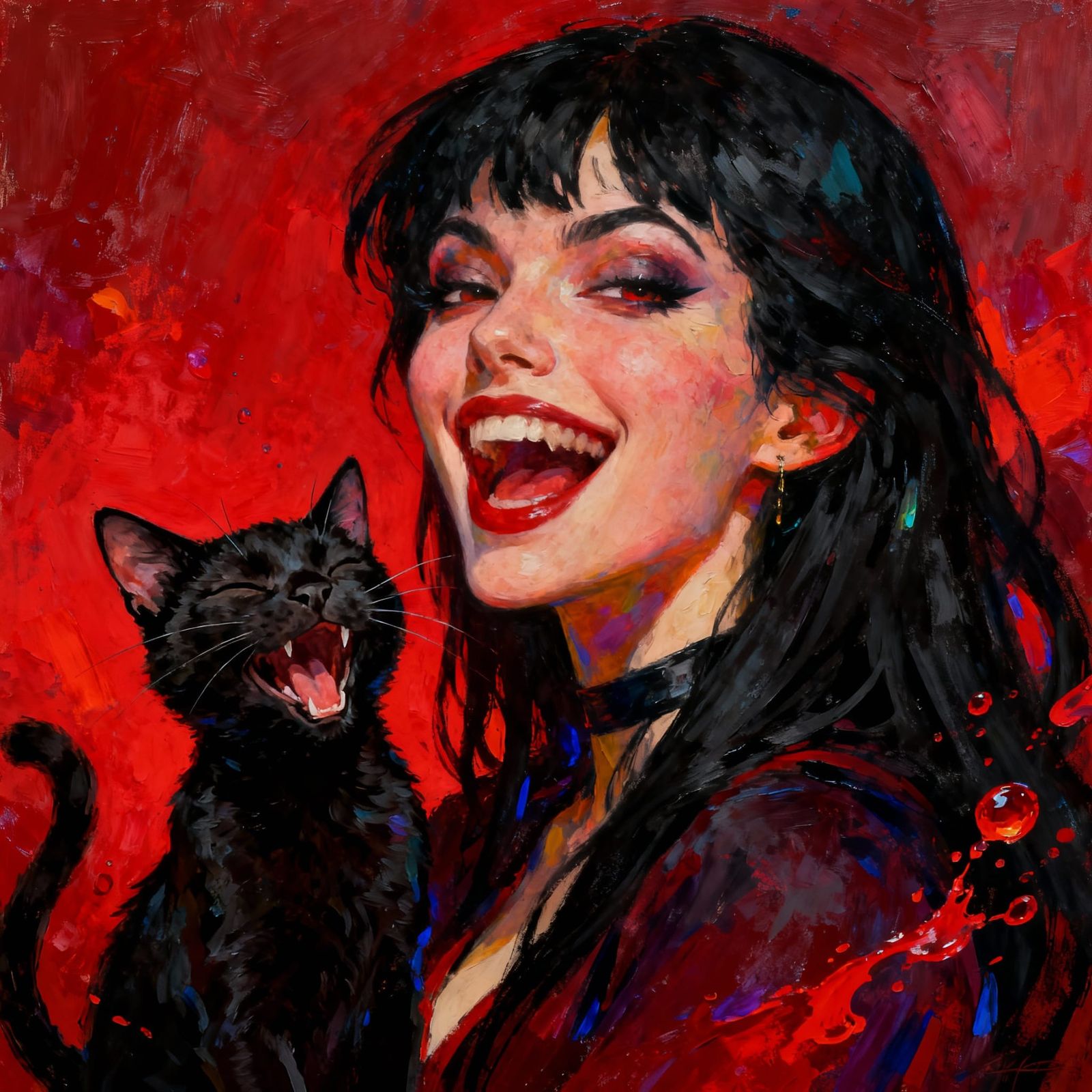 Expressionist Portrait of Woman and Laughing Cat