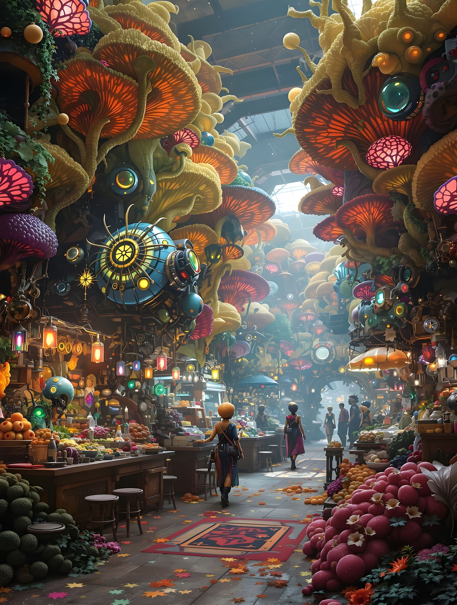 Bazaar of Alien Merchants in Steampunk City