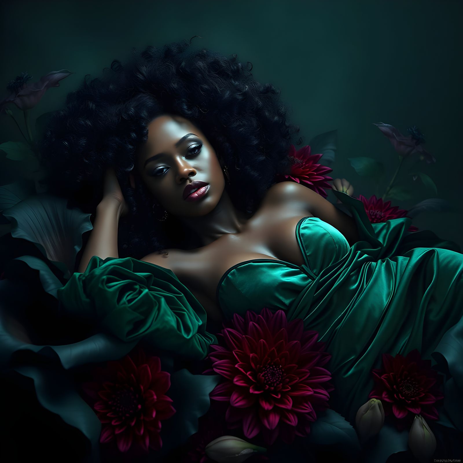 Sultry Black Woman in Dark Florals, Fantasy Portrait in Deep...