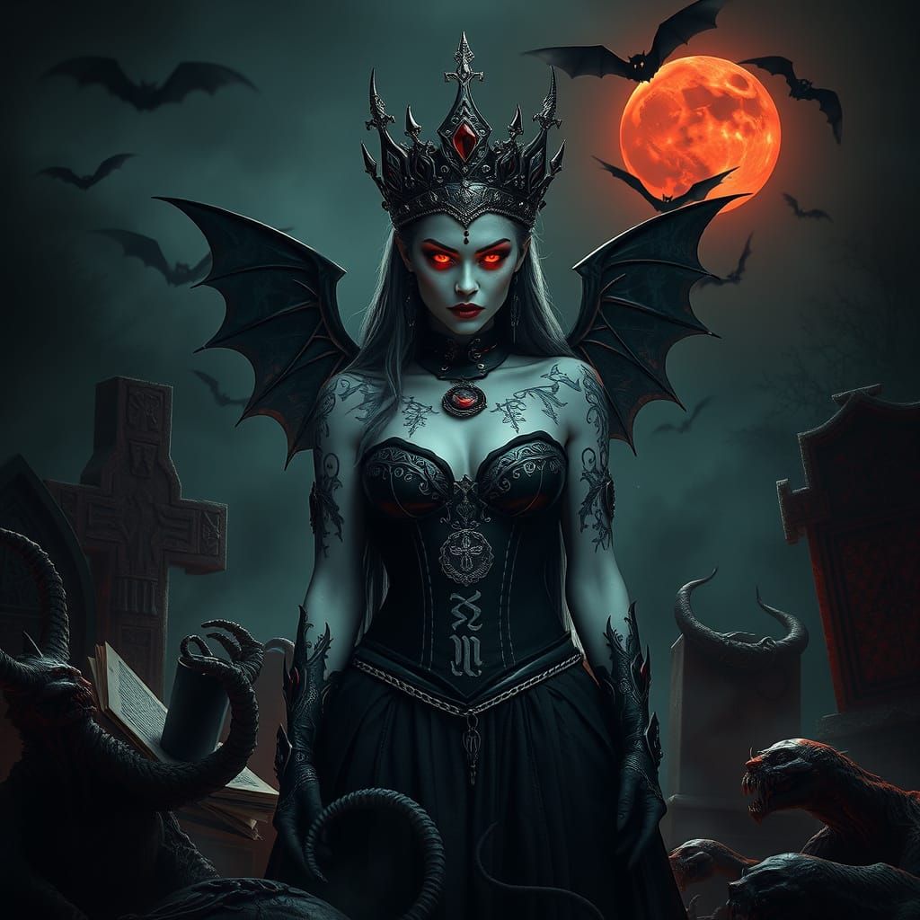 Vampire Sorceress in Gothic Cemetery, Dark Fantasy Horror