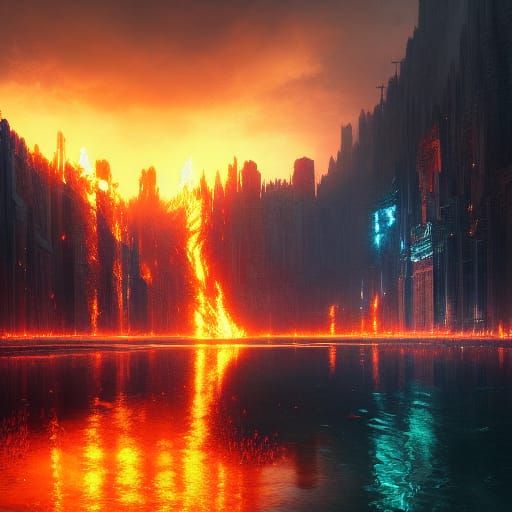 Inferno City Beside Fire Lake: Dark Fantasy Concept Art