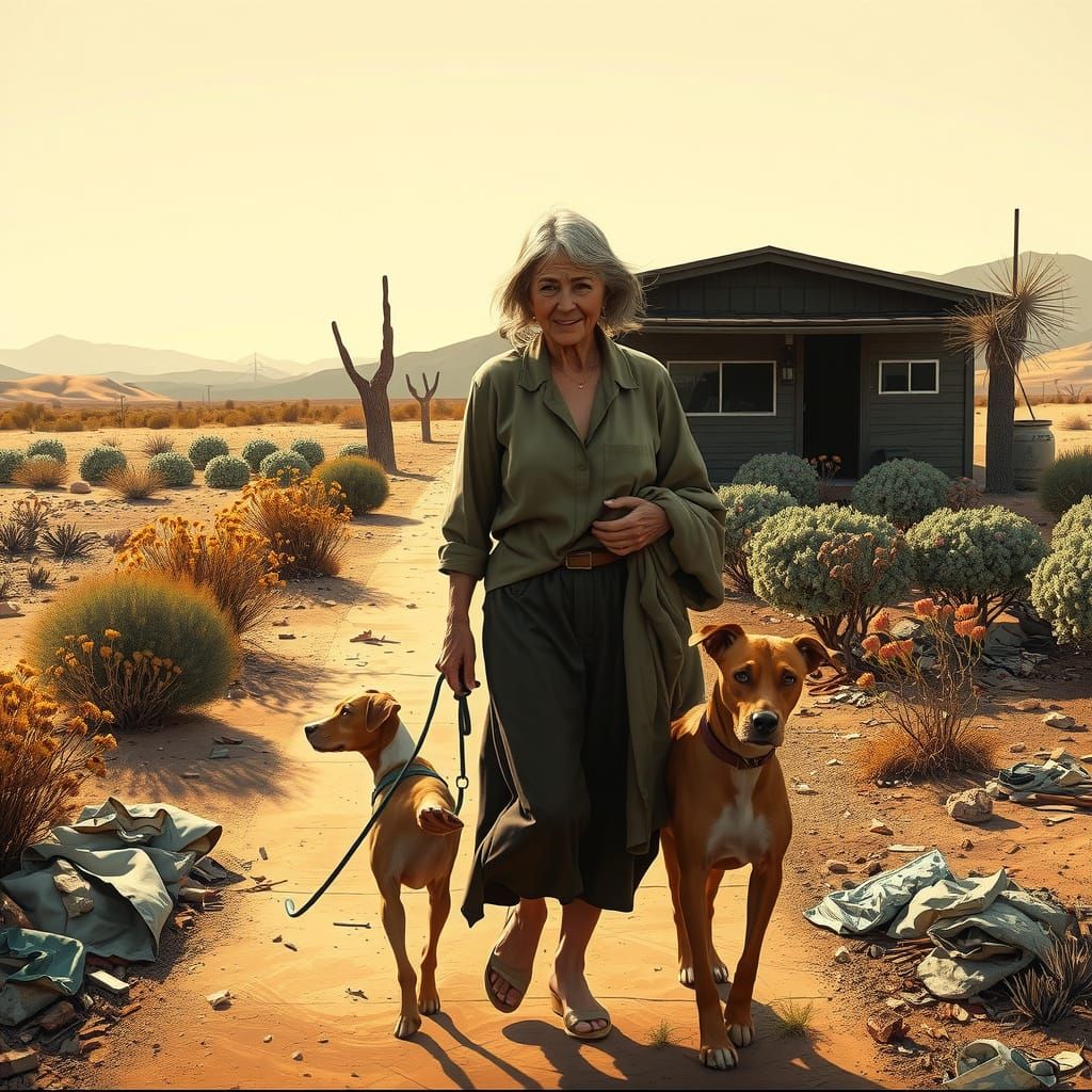 Old Woman and Dog in Degraded Garden: Hyperrealistic Art