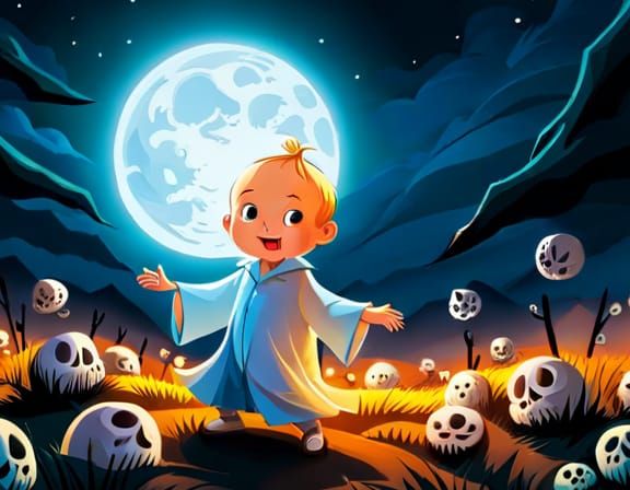 Chibi Ghost Plays in Graveyard: Digital Art