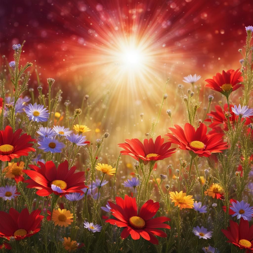 Wildflowers on Red Background in Matte Painting Style