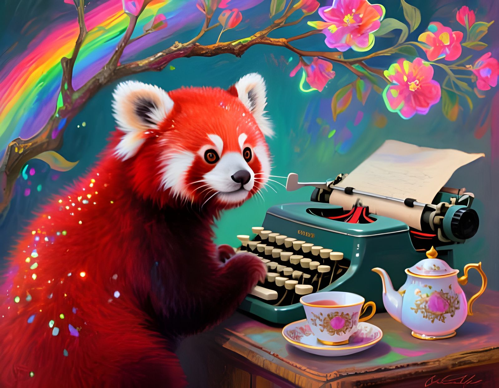 Red Panda at Typewriter, Fantasy Oil Painting
