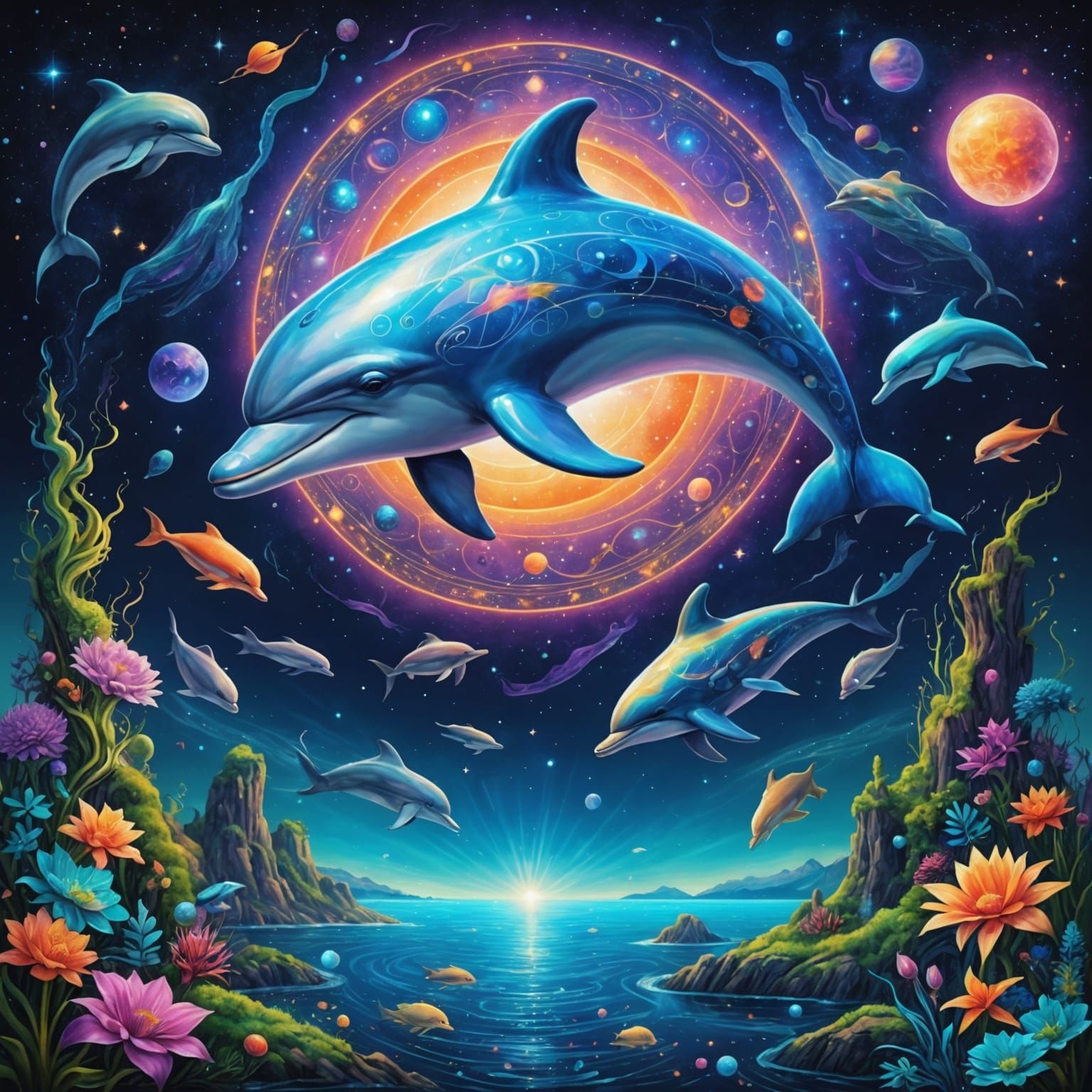 Cosmic Dolphin Dream: Holographic Astral Illustration