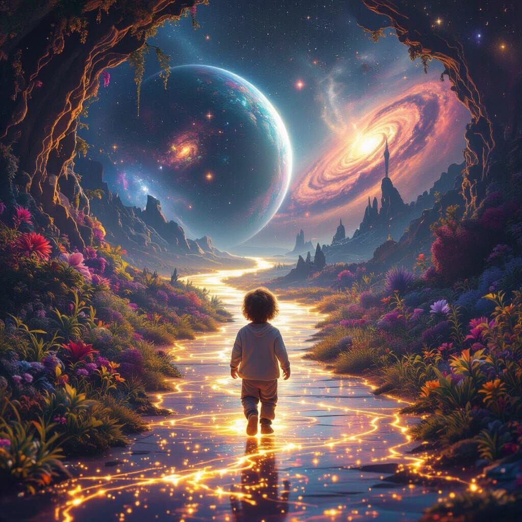 Child Walks Between Universes on Ethereal Light Path