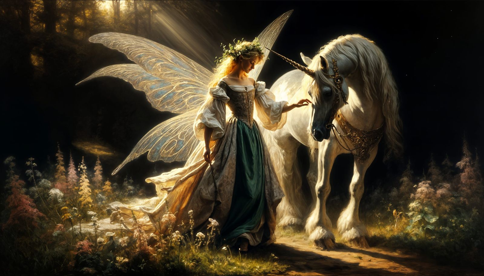 Fairy and Unicorn in Renaissance-Inspired Tenebrism Oil Pain...