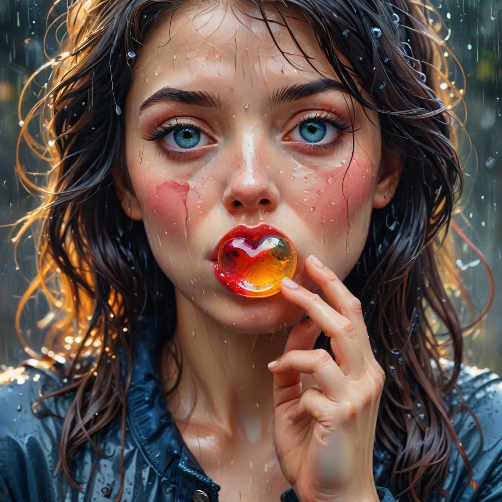 Surreal Oil Painting of a Woman Blowing a Heart-Shaped Gum B...