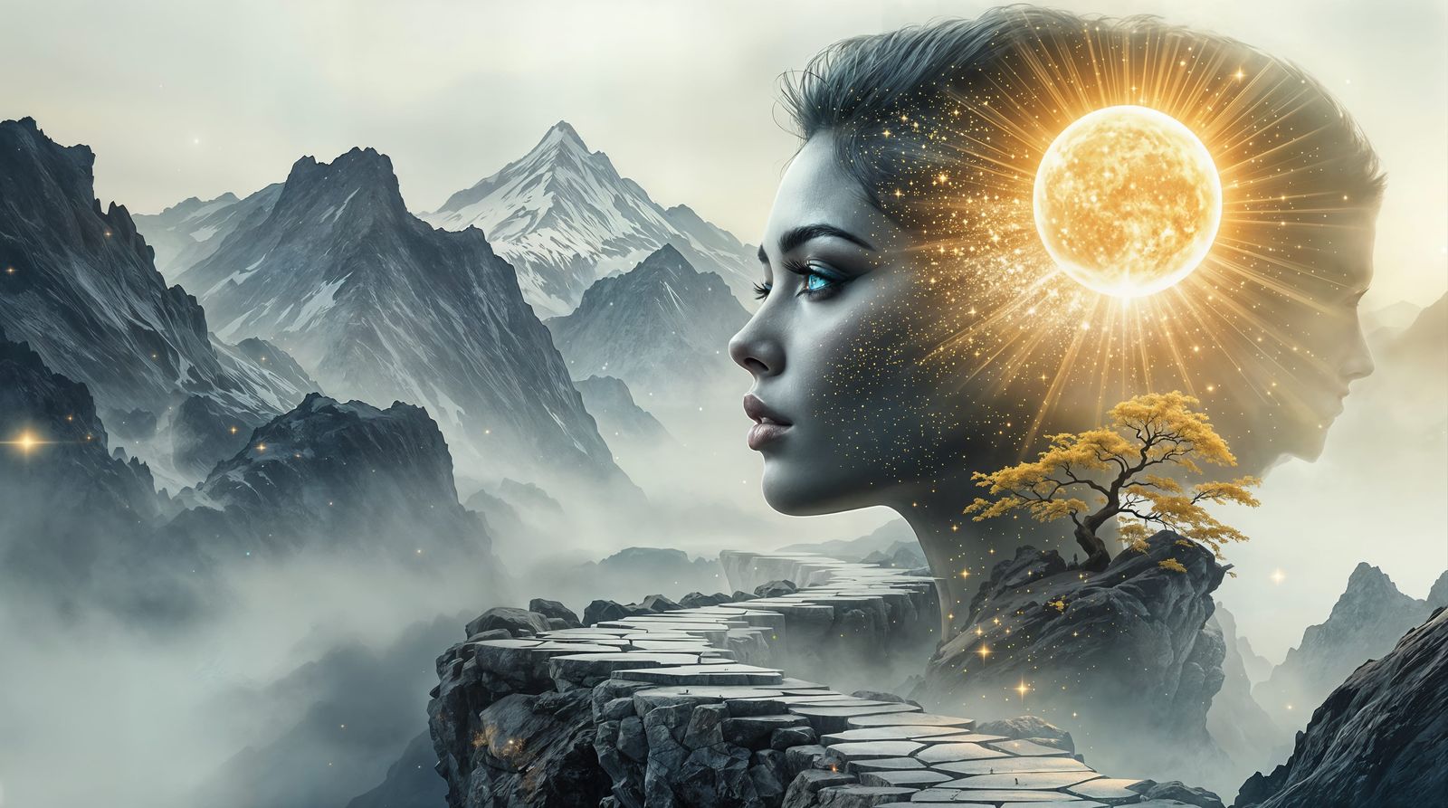 Surreal Double Exposure of Twin Suns Over Mystical Mountain ...