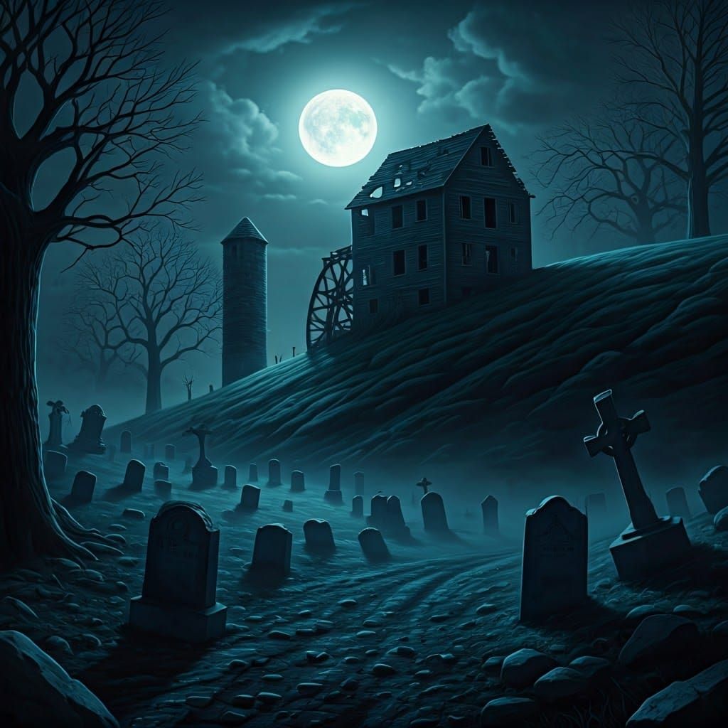 Foreboding Abandoned Mill Under a Haunting Full Moon