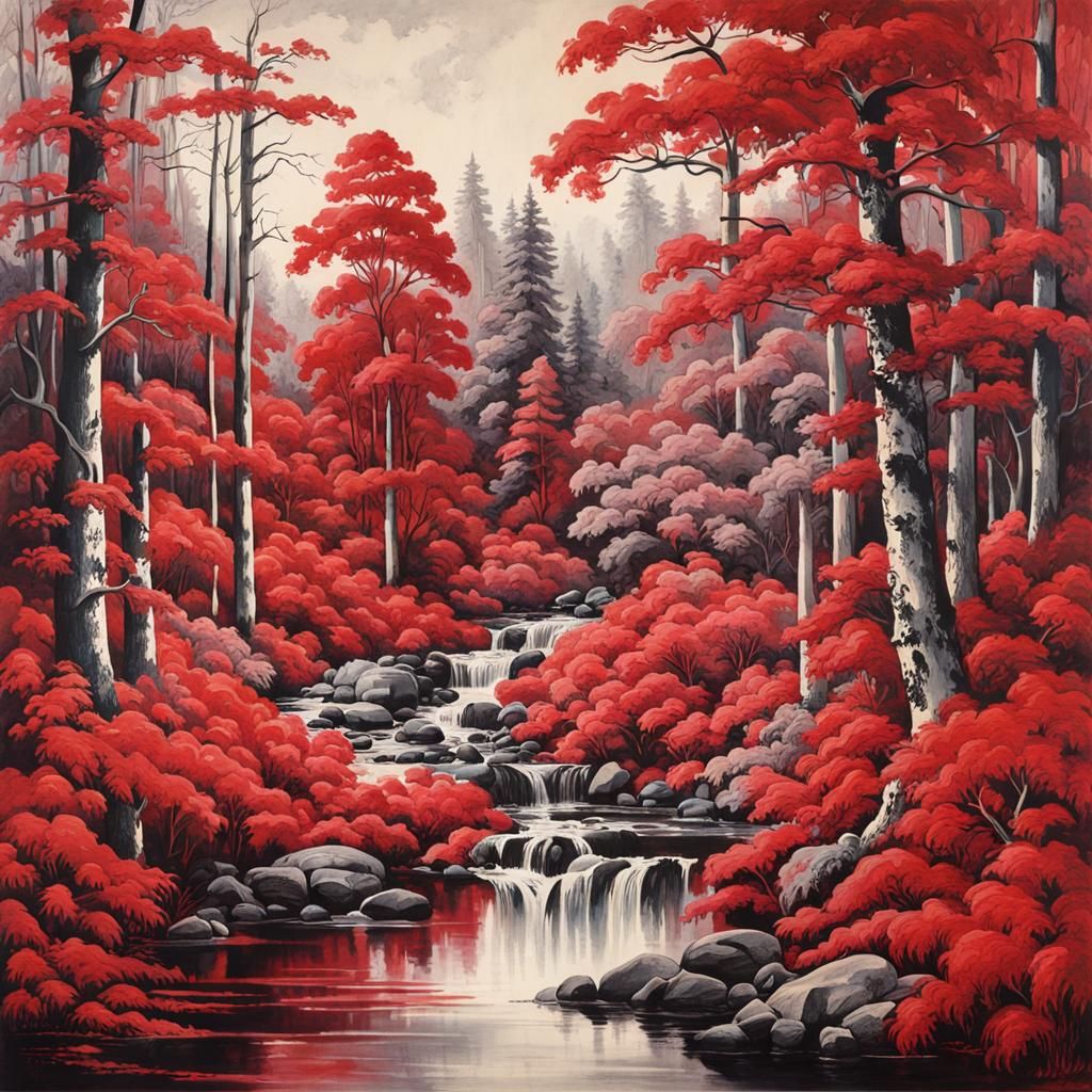 Cinnabar Red Forest: An Atmospheric Ink Wash
