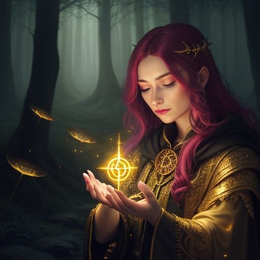 Enchanting Young Witch Casting a Spell as Oil Painting