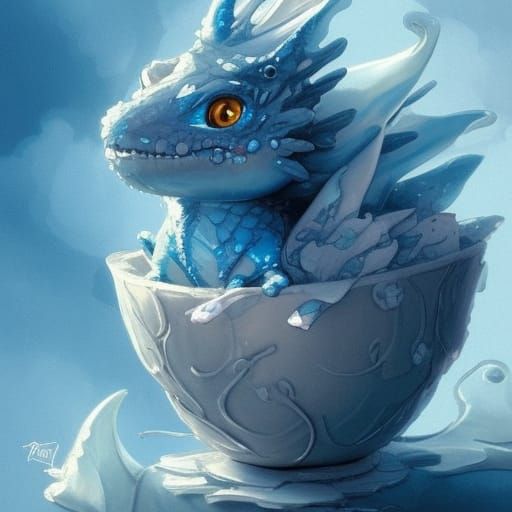 Cute Dragon in Teacup: Digital Fantasy Art