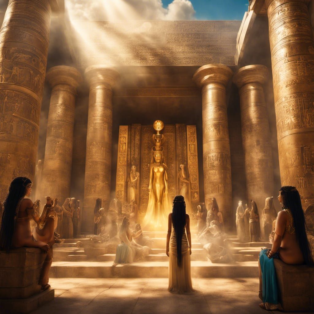 Hathor Goddess Blesses Egyptian Women in Temple