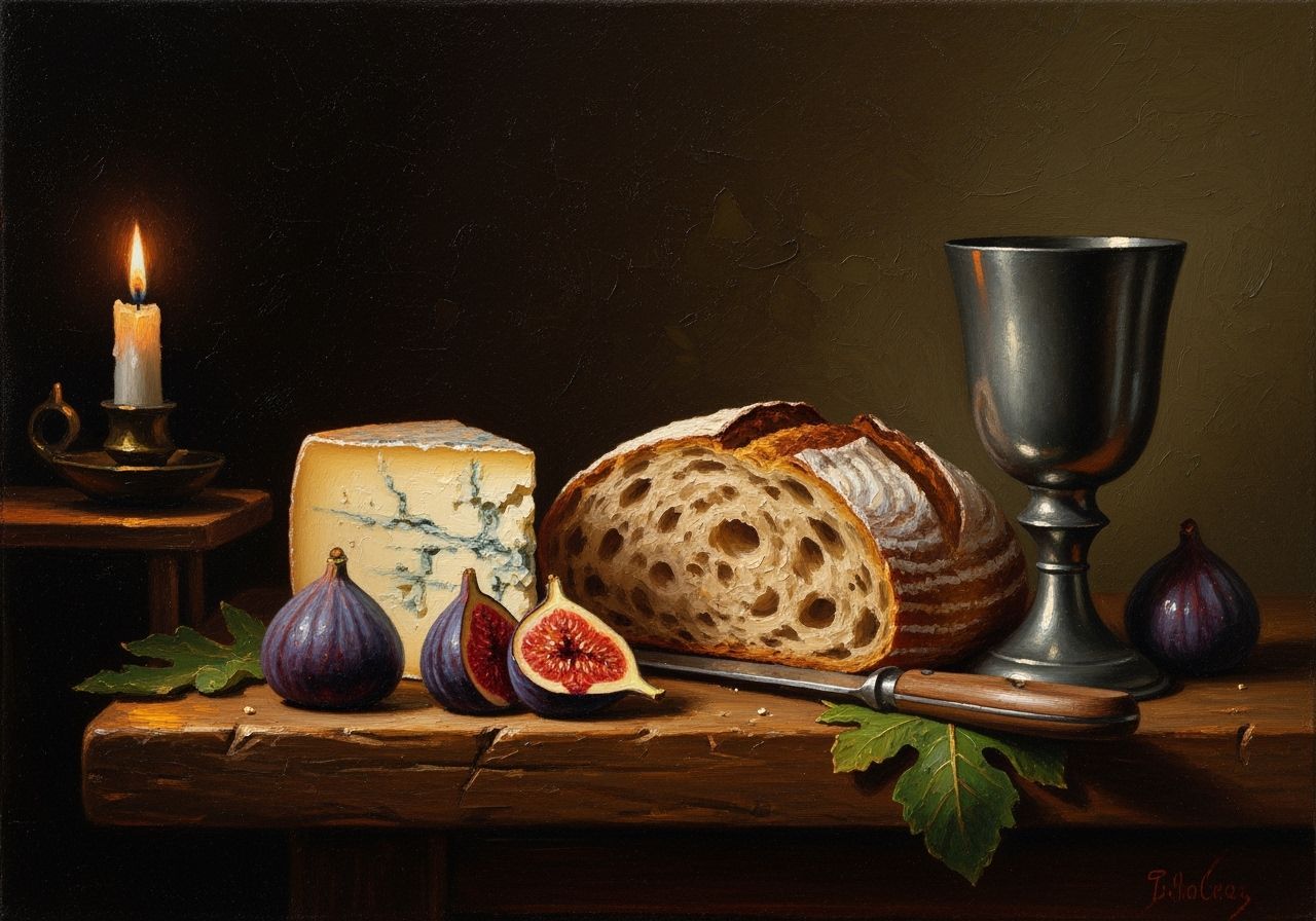 Rustic Still Life Oil Painting with Bread and Fruit