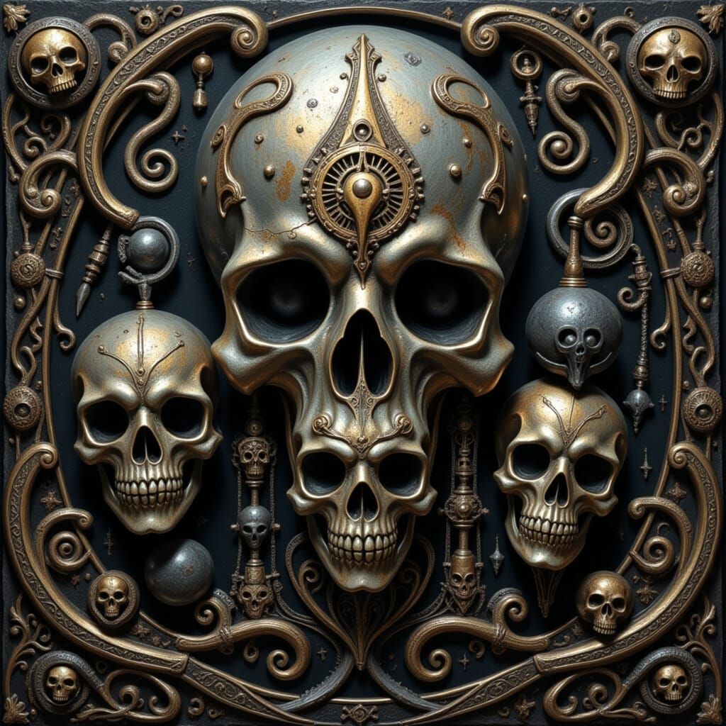 Gothic Horror Cosmic Landscape with Skulls and Metallic Swir...