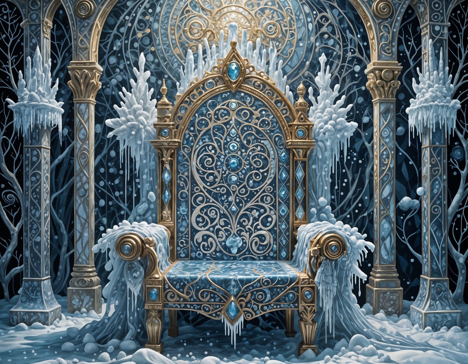 Intricate Beadwork Throne of Ice in Frozen Realm