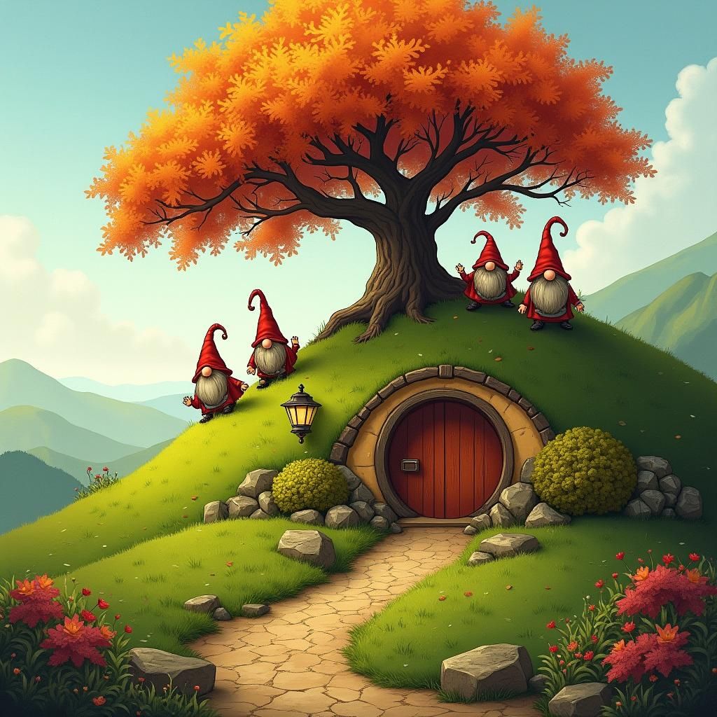 Gnomes living in a hill with tree on top of the hil. A hobbi...