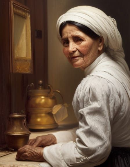 a portrait of an old housemaid in 19th century